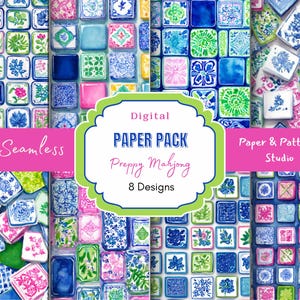 Preppy Mahjong Digital Paper Pack – Chinoiserie Tile Patterns (Digital Download) image 1