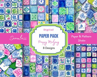 Preppy Mahjong Digital Paper Pack – Chinoiserie Tile Patterns (Digital Download)