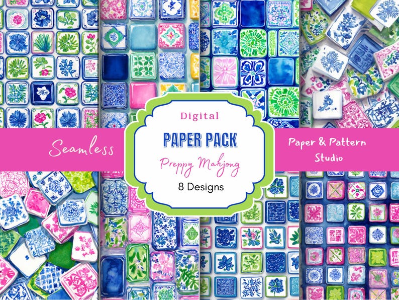 Preppy Mahjong Digital Paper Pack – Chinoiserie Tile Patterns (Digital Download) image 1