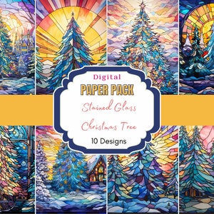 Stained Glass Christmas Digital Papers | Christmas stained glass square | Stained Glass Christmas Trees | stained glass Christmas image