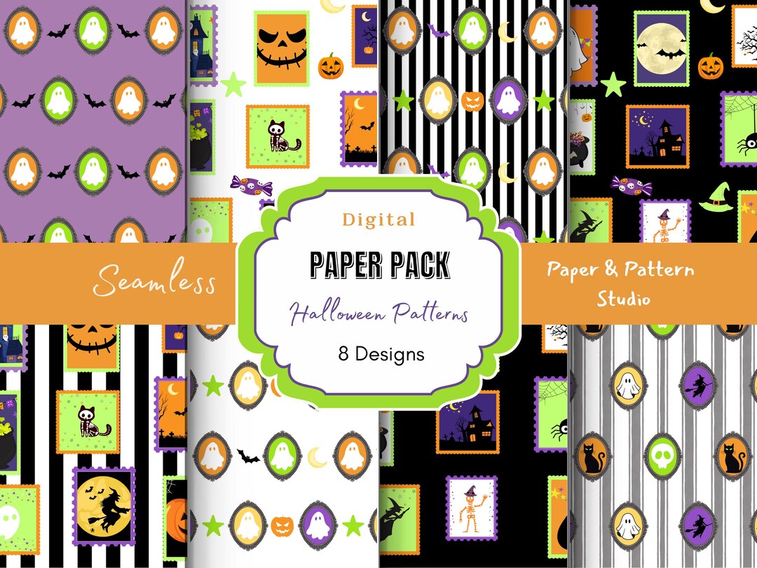 Halloween Digital Paper: Spooky Ghost & Witch Stamp Seamless Patterns ...