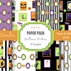 May include: Digital paper pack featuring eight seamless Halloween patterns. Designs include ghosts, bats, pumpkins, and haunted houses. The patterns are in various colors, including purple, orange, black, and white, with striped and patterned backgrounds.