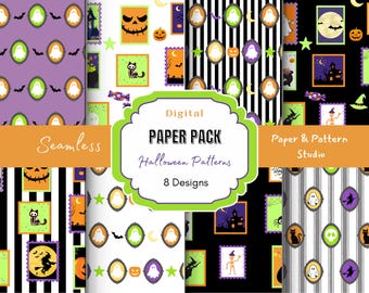Halloween Digital Paper: Spooky Ghost & Witch Stamp seamless Patterns (12"x12" JPG)