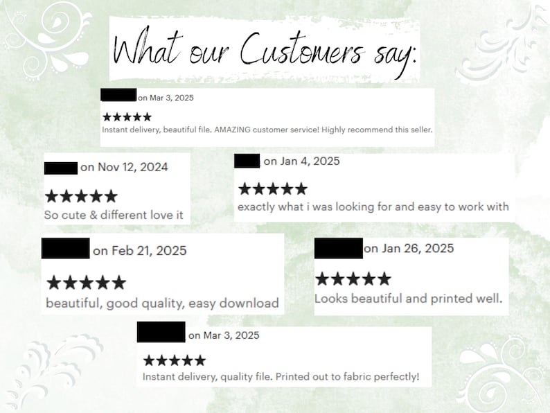 May include: A light green background with the text "What our Customers say:" in a handwritten style. Several customer reviews are displayed, each with a five-star rating and positive comments about the product.
