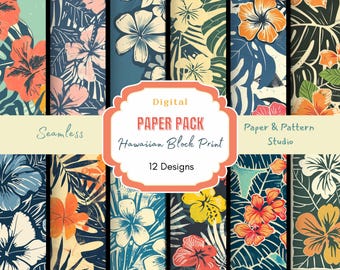 Vintage Hawaiian Block Print Digital Paper| Seamless Patterns | Summer Digital Paper | Digital Download | Hawaii Pattern | Hawaiian Flowers