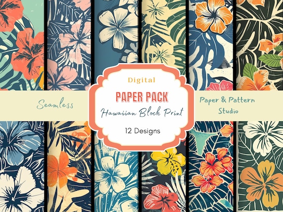 Vintage Hawaiian Block Print Digital Paper| Seamless Patterns | Summer Digital Paper | Digital Download | Hawaii Pattern | Hawaiian Flowers