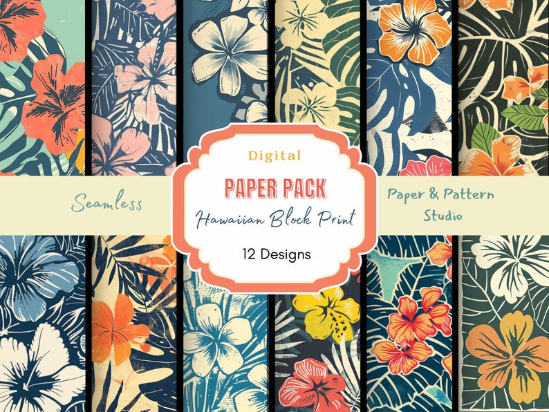 Digital paper pack featuring 12 seamless Hawaiian block print designs. Tropical hibiscus flowers and bold foliage in vintage tones of coral, navy, mustard, and teal. Label reads 'Hawaiian Block Print – 12 Designs' by Paper & Pattern Studio.