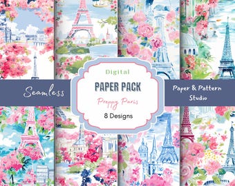 Papel digital con escena parisina preppy: Patrón de la Torre Eiffel (JPG, 300 DPI, 30 x 30 cm)