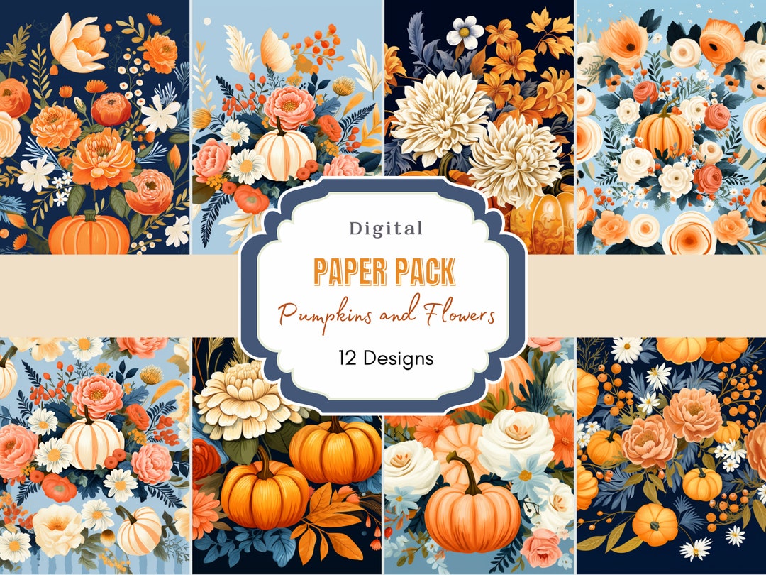 Pumpkin and Flower Pack Pack | Fall Digital Paper | Autumn Background ...