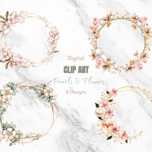 Blumen und Perlen Clipart | Clipart Download | Kokette Designs | Perle Clipart | Kranz Clipart | Perlenrahmen | Hochzeitseinladung