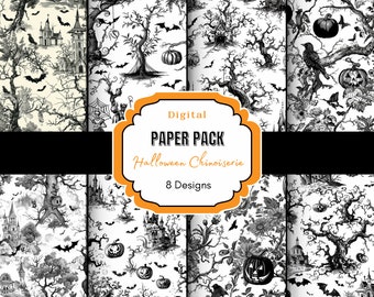 Halloween Chinoiserie Digital Paper | Halloween Images In Delftware Style | French Toile du Jouy | Vintage Halloween | Halloween Scenes