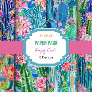 Papel digital Preppy Cacti / Patrón de cactus / Patrón occidental / Diseño preppy / Papel para álbumes de recortes / Papel digital tropical / Diario basura