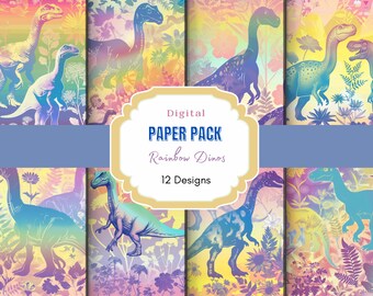 Rainbow Dinosaur Digital Paper Pack| Dino Digital Paper| Rainbow Pattern | Rainbow Background | Scrapbook Paper | Junk Journal Pages