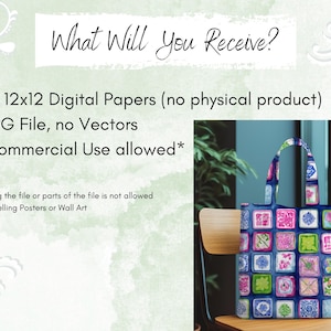 May include: A tote bag with a blue background and a pattern of colorful square designs. The text "What Will You Receive?" is at the top, with bullet points listing digital papers, file type, and commercial use allowance.
