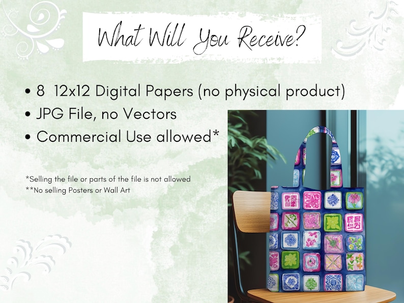 May include: A tote bag with a blue background and a pattern of colorful square designs. The text "What Will You Receive?" is at the top, with bullet points listing digital papers, file type, and commercial use allowance.