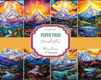 Mountain Stained Glass Digital Paper | Stained Glass Pattern | Faux Stained Glass | Digital File | Mountain Sunset | Scenic Landscape