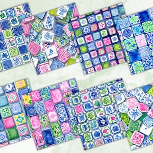 May include: A collection of square patterned designs featuring floral and geometric motifs in shades of blue, green, pink, and white. The patterns resemble tiles or decorative blocks, with a watercolor effect.