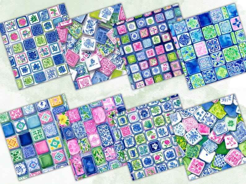 May include: A collection of square patterned designs featuring floral and geometric motifs in shades of blue, green, pink, and white. The patterns resemble tiles or decorative blocks, with a watercolor effect.