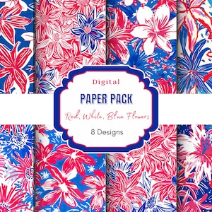 Rot-weiß-blaue Blumen-Digitales Papier | Rot, Weiß, Blau Floral Seamless File | Rot, Weiß, Blau | Sommer Printable | Adrette Blumen