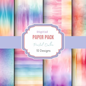 May include: A digital paper pack with 10 designs featuring pastel ombre watercolor backgrounds in various shades of pink, blue, purple, and yellow. The text "Digital Paper Pack Pastel Ombre 10 Designs" is displayed on a purple banner.