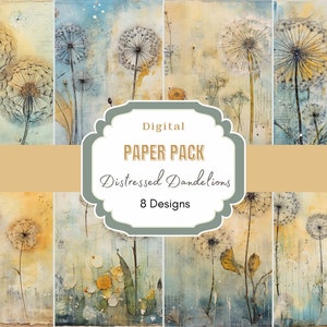 Distressed Dandelion Digital Download | Flower Journal | Watercolor Dandelions Digital Paper Set | Instant Download | Vintage Ephemera