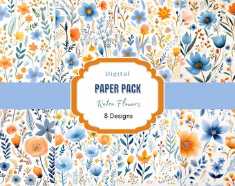 Retro Flowers Digital Paper | Scrapbook Paper | Digital Download| Retro Flower Digital Paper | Floral Background |Blue Flowers
