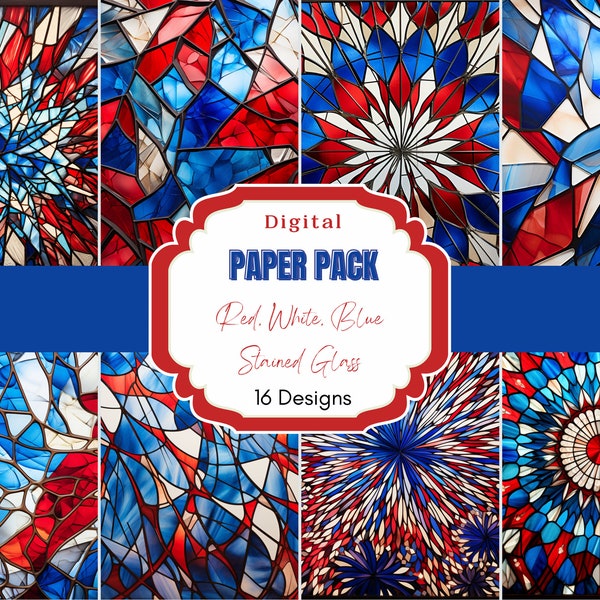 Red, White, Blue Stained Glass Digital Paper Pack | Commercial Use| Colorful Background | Digital Background| Textured Paper | Digital Paper