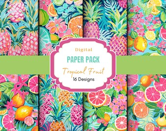 Digitaal papierpakket tropisch fruit |  Plakboeken | Uitnodigingen | Aquarelpapier | Zomerpatroon | Fruit plakboekpapier | Ananas
