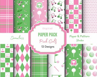 Pink Golf Digital Paper, Seamless Patterns, Custom Crafts, Printable Designs for DIY Projects