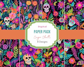 Sugar Skull Digital Paper | Day Of The Dead |  Digital Download | Dia De Los Muertos | Scrapbook Papers |Bright Florals | floral sugar skull