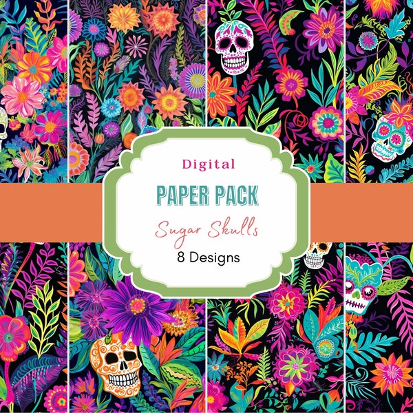 Sugar Skull Digital Paper | Day Of The Dead |  Digital Download | Dia De Los Muertos | Scrapbook Papers |Bright Florals | floral sugar skull