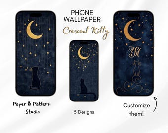 Crescent Moon Cat Phone Wallpaper, Digital Art, Cute Aesthetic, Unique Design for Phones, iPhone Wallpaper, Android Wallpaper
