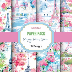 Preppy Paris Szene Digitales Papier | Paris Musterdesign |Paris Scrapbook Papier | Paris Printable | Eiffelturm Muster | Adrettes Muster