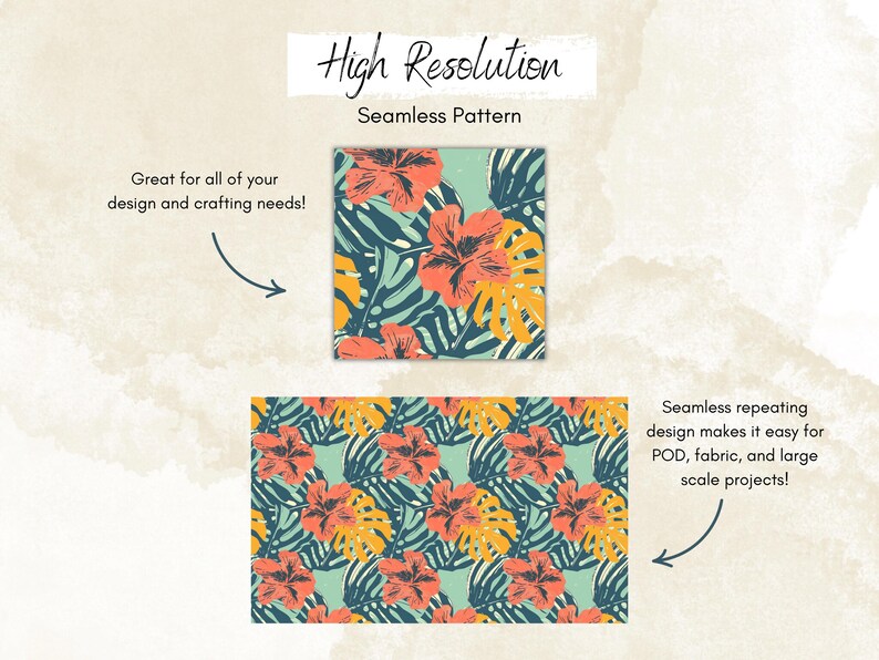 Example of a seamless Hawaiian floral pattern shown as a single tile and in repeat. Features hibiscus flowers and monstera leaves in coral, mustard, and teal, ideal for POD, fabric, or large-scale tropical projects.