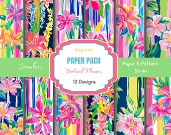 Watercolor Flowers Seamless Pattern: Vertical Floral Stripes  (JPG, 300 DPI, 12x12 in)