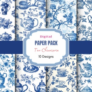 May include: Digital paper pack with 10 designs featuring blue and white teapots, teacups, and floral patterns. The text "Digital Paper Pack Tea Chinoiserie 10 Designs" is on a blue banner.