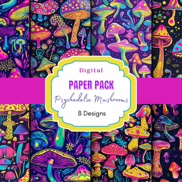 Psychedelic Mushroom Digital Paper | Commercial Use | Magic Mushrooms | Seamless Patterns | Scrapbook Paper | Mixed Media | Junk Journal