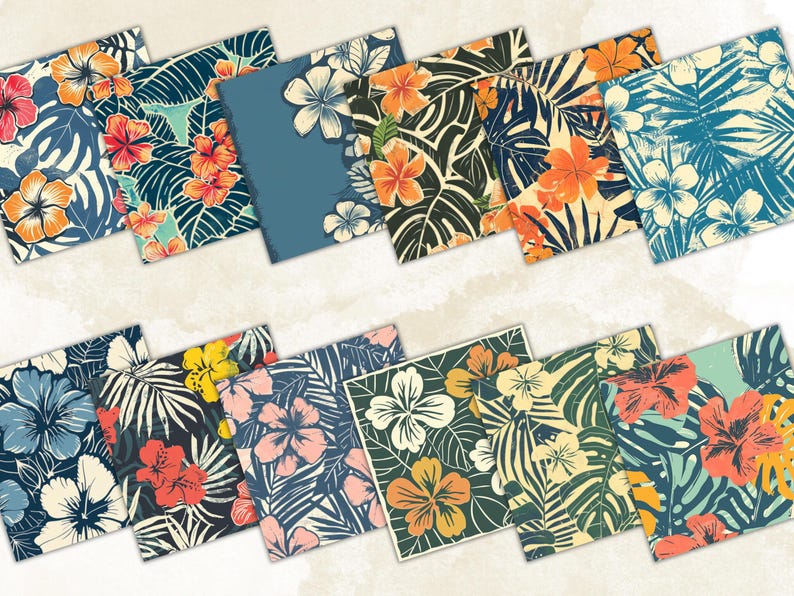 Flat lay showcasing 12 bold floral and leaf block print patterns in a mix of tropical colors including navy, peach, mustard, and coral. Each square features a unique hand-printed look and island-inspired design