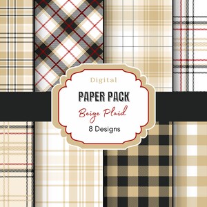 Könnte beinhalten: Digitales Papierpaket mit 8 beigefarbenen Karomustern. Die Muster zeigen verschiedene Kombinationen aus Beige, Weiß, Schwarz und Rot.
