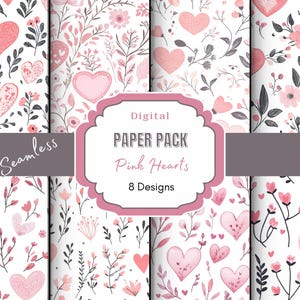 Pink Herz Digitales Papier | Nahtlose Muster für Scrapbooking | Druckbare Liebe Herzen | Valentinstag Deko