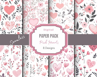 Carta digitale a forma di cuore rosa / Modello senza cuciture per scrapbooking / Cuori d'amore stampabili / Decorazione di San Valentino