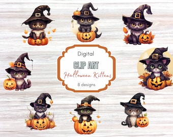 Halloween Clipart | Paper Crafts Scrapbooking | Witch Clip Art Png | Watercolor Clipart | Cat Clipart | Commercial Use | Cute Witch Clipart