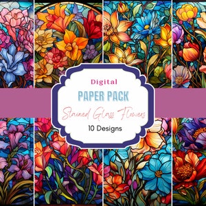 Stained Glass Flowers Digital Paper Pack | Commercial Use | Scrapbook Paper | Stained Glass Pattern | Colorful Background | Printable Paper