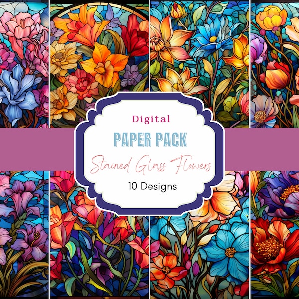 Stained Glass Flowers Digital Paper Pack | Commercial Use | Scrapbook Paper | Stained Glass Pattern | Colorful Background | Printable Paper