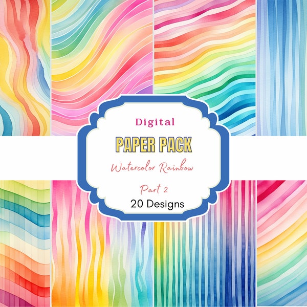 Watercolor Rainbow Pattern | Rainbow Background | Digital Paper | Scrapbook Paper | Digital Background | Printable Paper Set | Rainbow Paper