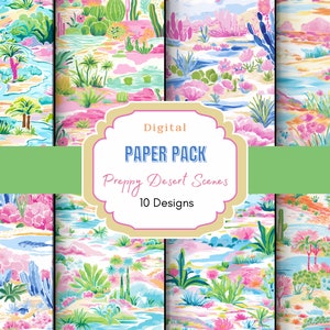 Puede incluir: Un paquete de papel digital con 10 dise&ntilde;os que presentan escenas de desierto preppy. Los dise&ntilde;os presentan un fondo blanco con plantas del desierto, cactus y palmeras rosas, azules y verdes.