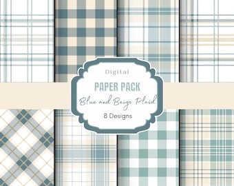 May include: Digital paper pack with 8 designs featuring blue and beige plaid patterns.