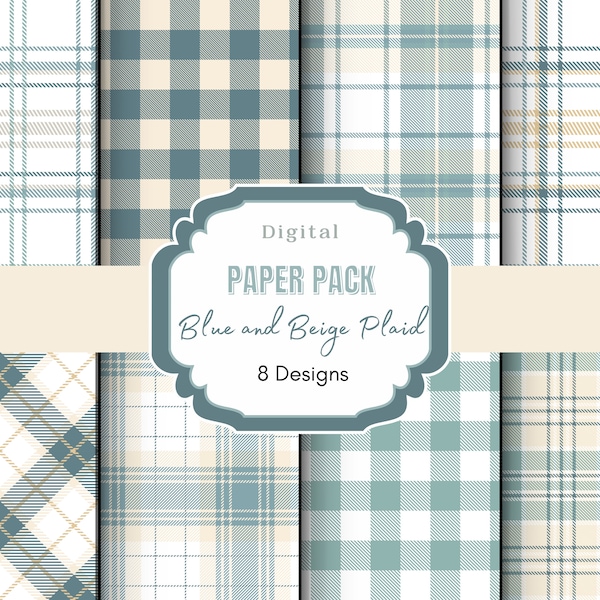 Beige and Blue Plaid Digital Paper | Digital Plaid Paper | Buffalo Plaid | Tartan Pattern | Plaid Background | Scrapbook Paper| junk journal