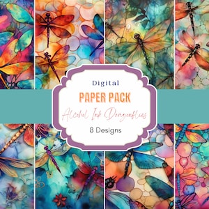 May include: Digital paper pack with 8 designs featuring colorful alcohol ink dragonflies. The designs are perfect for scrapbooking, card making, and other paper crafts.