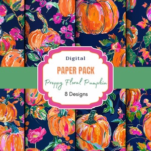 Preppy Floral Pumpkin Digital Paper| Pumpkin Spice | Pumpkin Patterns | Preppy Pattern | Fall Pumpkins | Seamless File | Floral Pattern